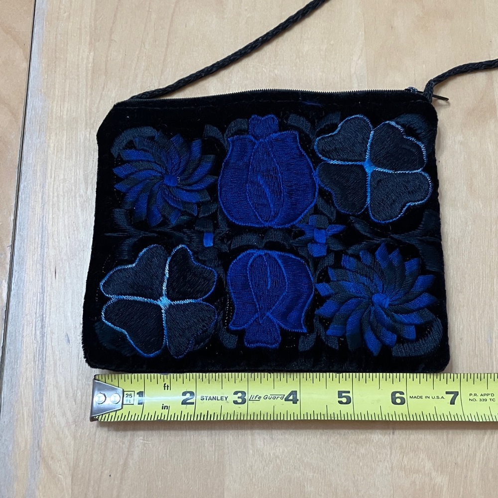 Black Velvet Crossbody Bag with Royal Blue Floral Embroidery‎ NWOT